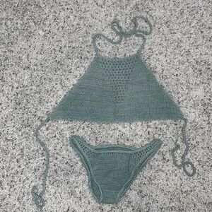 Knitted sage green bikini bathing suit set in women’s small with string ties